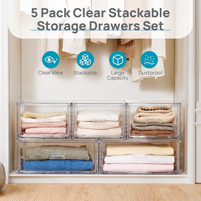 Vtopmart 5 Pack Large & Medium Storage Stackable Drawers Set | Easy Assembly Clear Plastic Storage Cabinet, Durable Dresser for Closet, Bedroom, Entryway, Playroom & Apartment Organization - Image 3