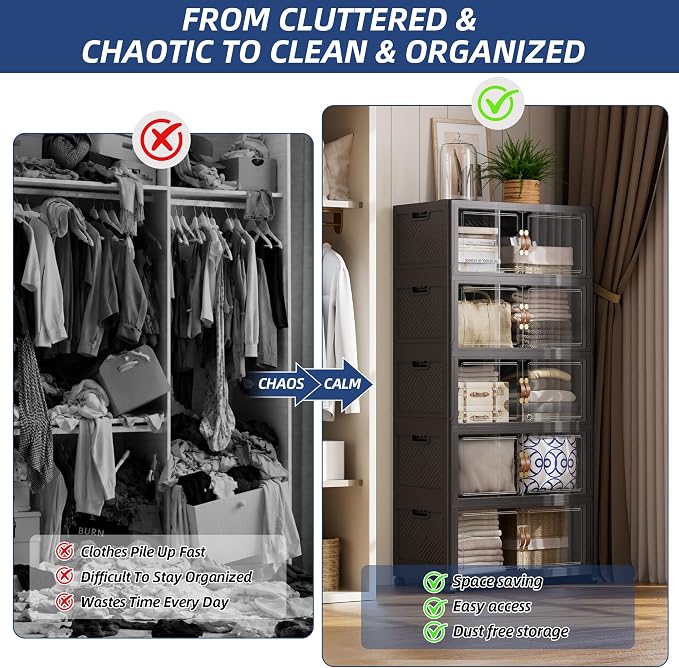 SAILUN 234QT/58Gal Stackable Storage Bins with a Lid, Collapsible Storage Bins with Doors, Folding Cabinet for Home Closet Organization,5 Pack-19.7" W x 12.6" D x 54.5" H Black - Image 2