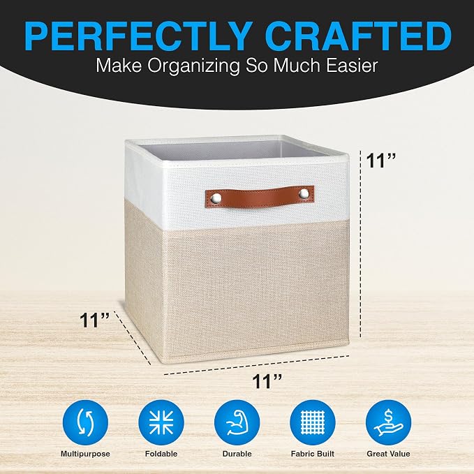 11 Inch Cube Storage Bin - 6 Pack - Linen Fabric 11x11 Cube Storage Bins for Bedroom, Living Room, Clothes and Toys; Foldable, Dual Leather Handles - Image 3