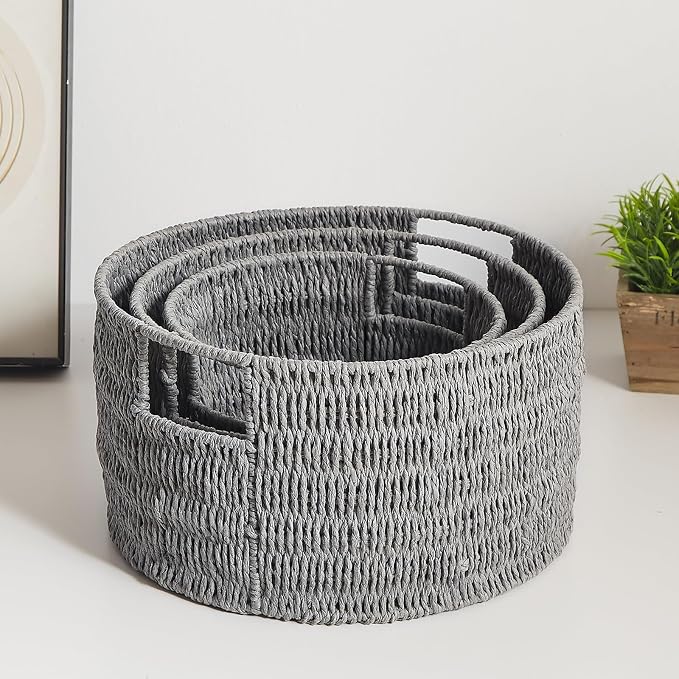 Wicker Storage Basket, Hand-Woven Paper Rope Large Round Woven Basket With Handles, Wicker Baskets for Organizing/Storage, Grey, 3-Pack - Image 3