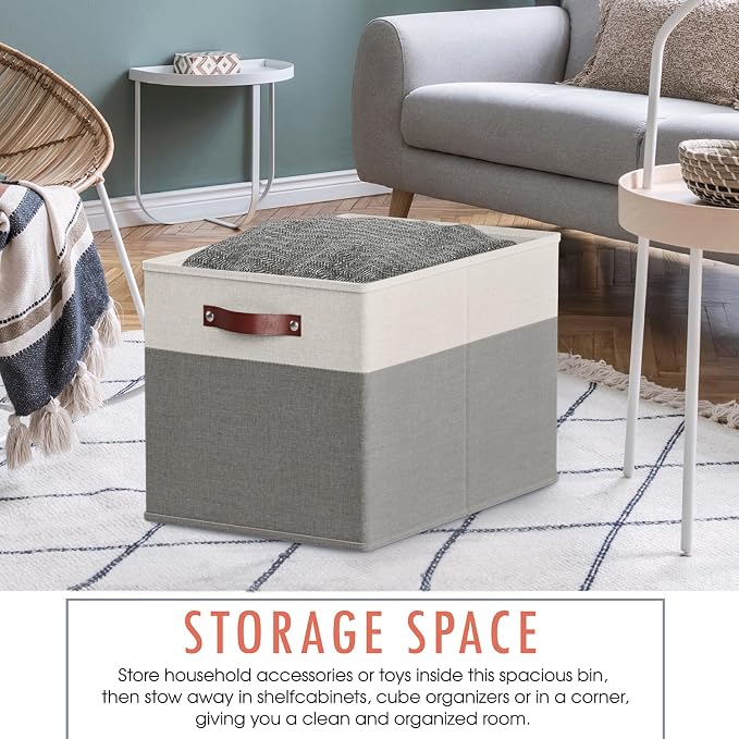 Ornavo Home 13x15x13 Foldable Fabric Storage Cube Bins, 6 Pack, White/Gray | Collapsible Linen Shelf Basket Organizer; Leather Handles; Fits Cube Storage Shelving Units - Image 4