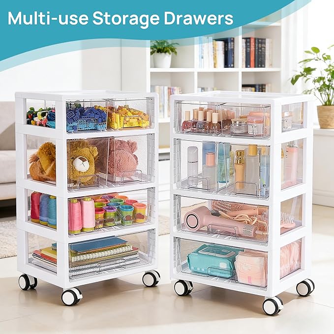Vtopmart Drawer Storage Organizer,4 Tier 6 Drawers with Wheels, Clear | Clear Drawers with Multiple Sizes Keep Supplies Visible. Sturdy for Bathreoom, Office, Under Desk, Crafts & Art Storage. - Image 2