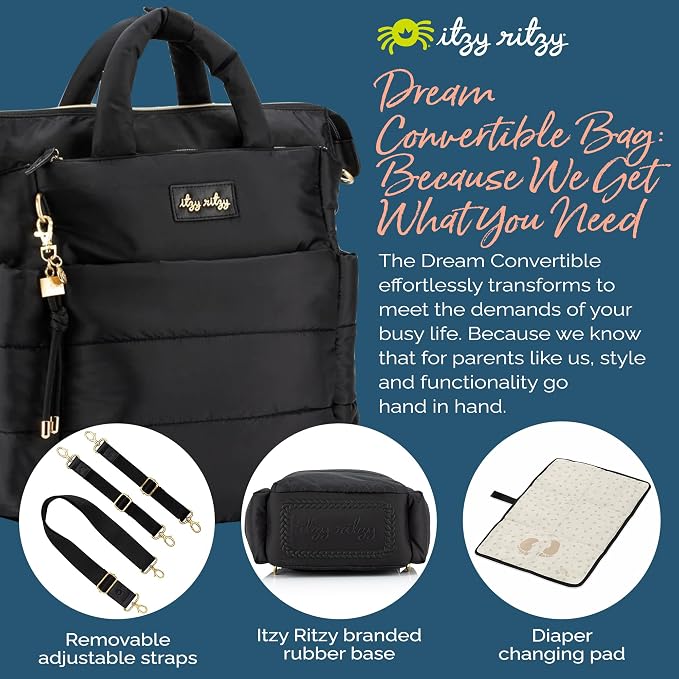 Itzy Ritzy Dream Convertible Diaper Bag Tote Backpack - Baby Diaper Bag with 14 Pockets, Changing Pad & More (Midnight Black) - Image 4