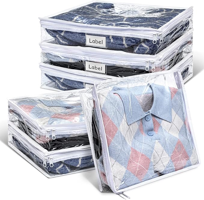 6pcs Clear Zippered Storage Bag Plastic Individual Sweater Storage Bag with Zipper Label Closet Clothing Organizer for Blanket Clothes Bed Sheet Comforter Quilt Pillow(15.7 x 13.7 x 3.9 Inch) by Hoolerry