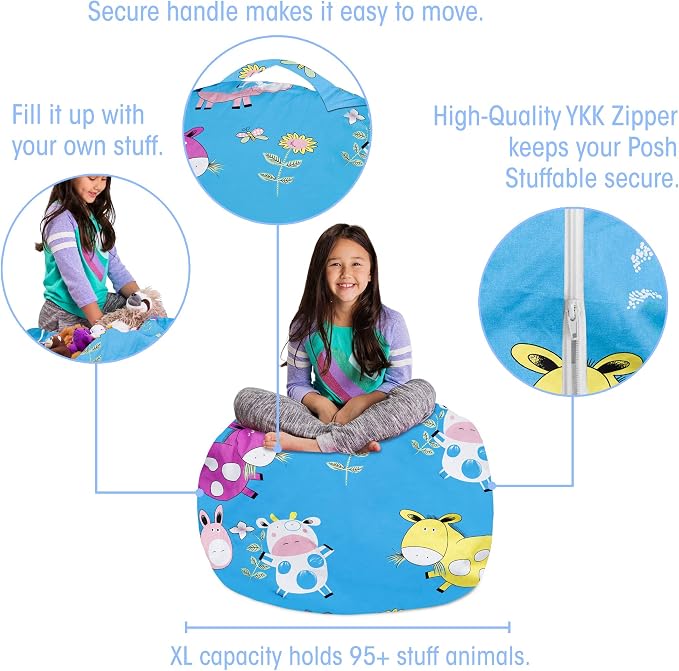 Posh Stuffable Kids Stuffed Animal Storage Bean Bag Chair Cover - Childrens Toy Organizer, Large 38" - Canvas Farm Blue - Image 2