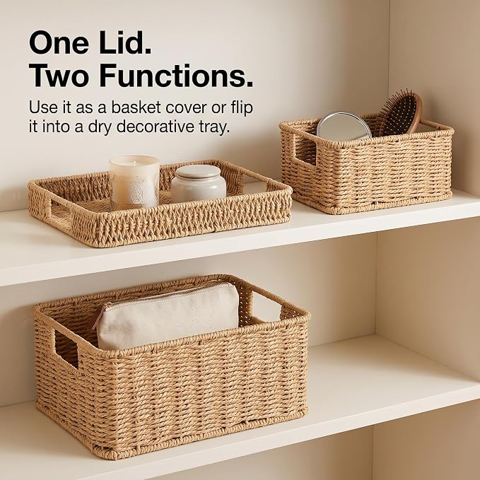 Wicker Storage Basket with Lid for Shelves, Set of 2, Natural | One rectangular wicker basket with lid and one open basket for decorative shelf storage; removable lid flips into a tray. - Image 5