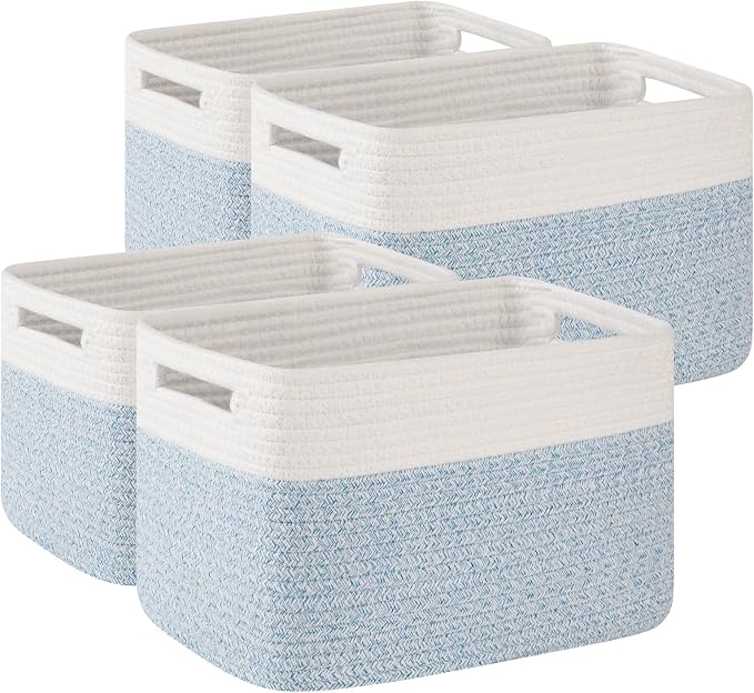 OIAHOMY 4 Pack Storage Basket, 13"x9"x7.8" Cotton Rope Baskets for Shelves, Closet Organizer for Bedroom & Living Room, Soft Decorative Bins for Organizing Towels, Books & Toys, Light Blue & White by MasterofSpaceOptimization