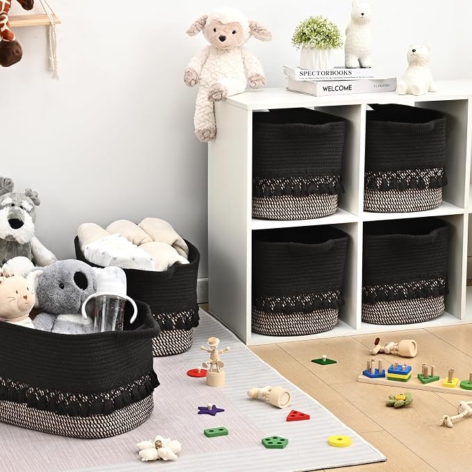 2 Pack Storage Basket for Shelves, Boho Cotton Rope Storage Bins with Heavy Tassel, Shelf Baskets Large Woven Baskets for Organizing, Cube Organizer Bins, Baby Laundry Basket for Clothes, Toys, Pets - Image 2