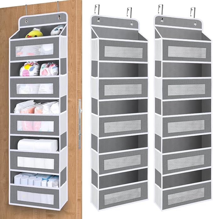 2 Pack Over The Door Organizer Storage, 5 Shelf Hanging Door Organizer with 10 Large Capacity Pockets, Anti Tilt 44 lb Load Behind Door Storage for Bedroom, Bathroom, Pantry, Nursery, (Grey) by BLOROOM