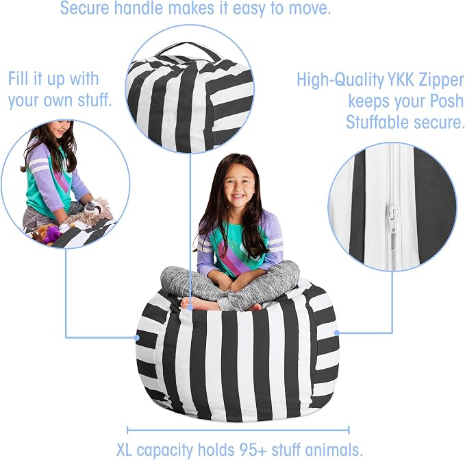 Posh Stuffable Kids Stuffed Animal Storage Bean Bag Chair Cover - Childrens Toy Organizer, Large 38" - Canvas Stripes Gray and White - Image 2