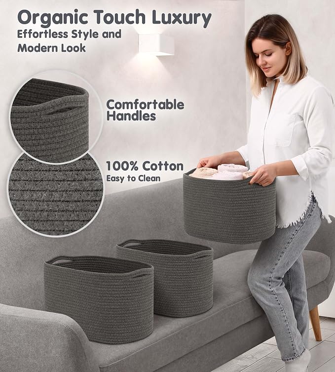 CHAT BLANC Cotton Rope Baskets for Organizing, Shelves, Toys, Storage, Shoe, Bathroom, Laundry, Towel, Nursery, Home Decor, Blanket, Cloth Woven Bins Fabric (Graphite, 15"x10"x9") - Image 3