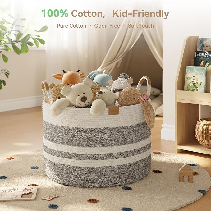 Nunsino 72L Woven Blanket Basket with Leather Handles, Cotton Rope Laundry Basket Hamper,Decorative Nursery Basket Toy Storage Basket for Kids, Living Room, Bedroom,Gray White Stripes - Image 3