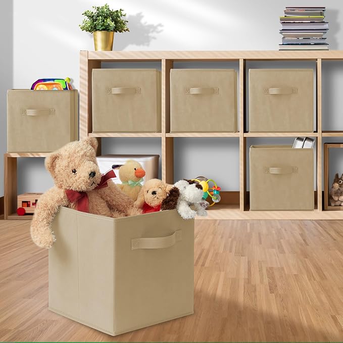 Casafield Set of 12 Collapsible Fabric Cube Storage Bins, Sandy Beige - 11" Foldable Cloth Baskets for Shelves, Cubby Organizers & More - Image 5