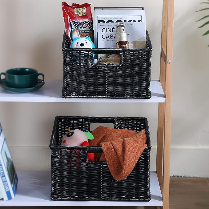 HOONEX Wicker Storage Baskets for Organizing, Decorative Woven Baskets for Storage with Carrying Handles, Set of 2, Black - Image 3