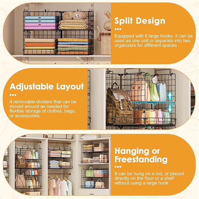 Hanging Closet Organizer with DIY Spacing, Double-Row Closet Hanging Shelves with 4 Adjustable Dividers & 6 Hooks, Heavy Duty Metal Closet Storage Organizer with Front Guard, Split into 2 Units - Image 3