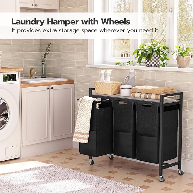 HOOBRO Laundry Sorter 3 Section, Laundry Hamper with Wheels, 3 × 11.5 Gal (43.4L), Rolling Laundry Basket, Pull-Out and Removable Oxford Fabric Bags, Greige and Black BG76XY01 - Image 2
