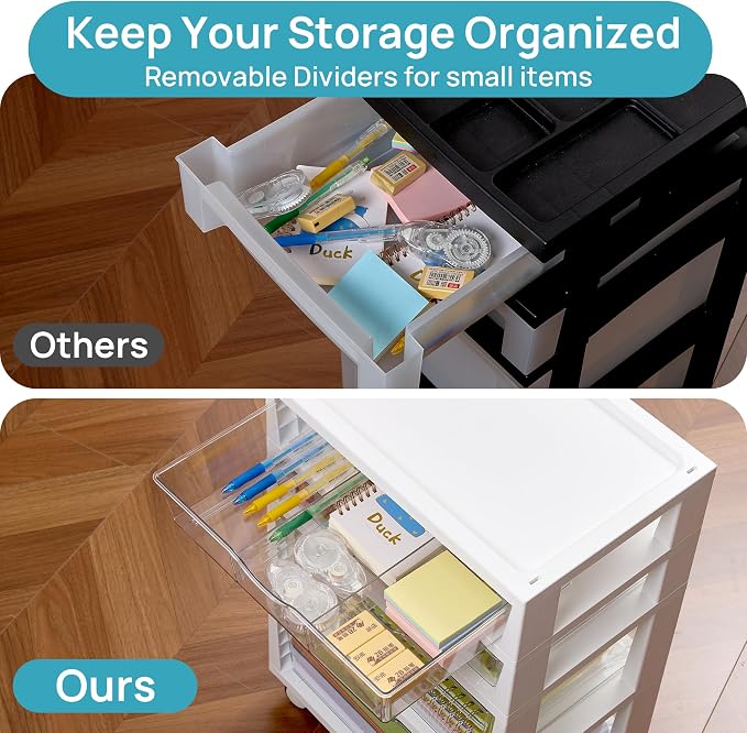 Vtopmart 4-Tier Plastic Drawer Storage Rolling Cart with Wheels | Clear Drawers, Multiple Size Storage, Visible Organization, Sturdy Design, Under Desk, Office, Makeup, Crafts & Art Storage - Image 4