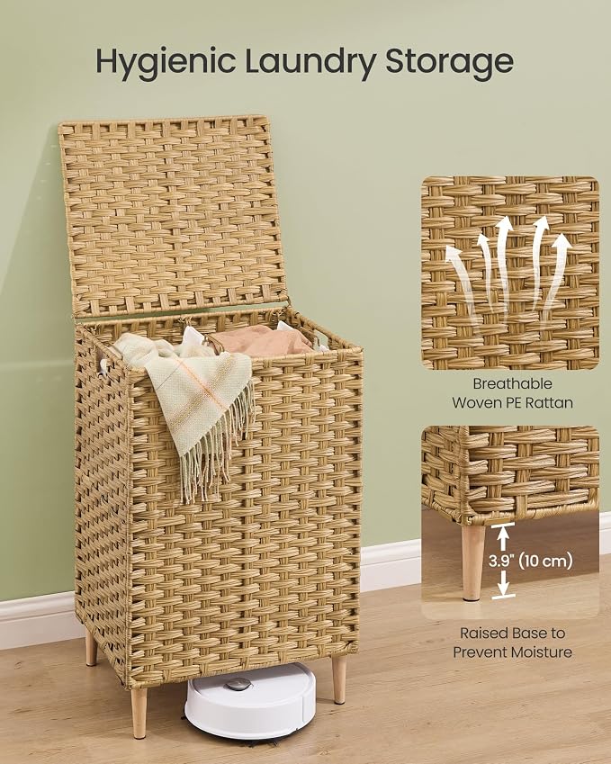 SONGMICS 2-Section Laundry Hamper with Lid, 29 Gal (110L) PE Rattan Laundry Basket with Removable Washable Liners, for Bedroom & Living Room, Goose Yellow ULCB222YE01 - Image 5