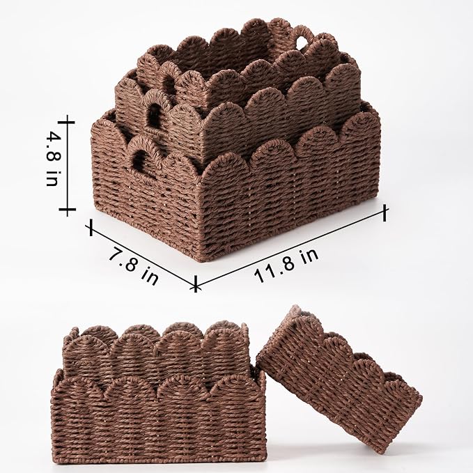 Scalloped Wicker Basket Set of 3, Hand-Woven Storage with Handles | set of 3 brown scalloped baskets with handles. Hand-woven paper rope for shelves, bathroom or closet. Stackable, sturdy. - Image 4