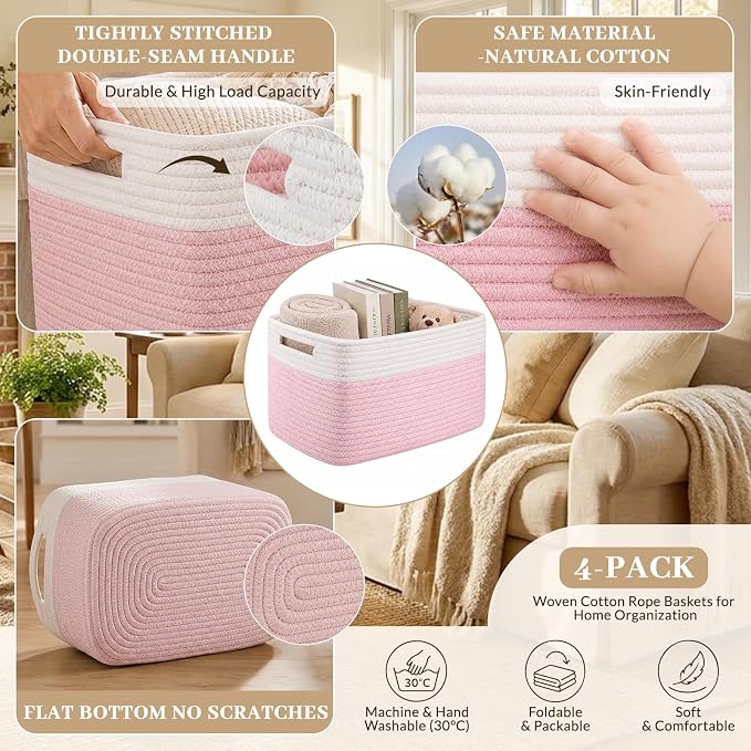 OIAHOMY 4 Pack Storage Basket, 13"x9"x7.8" Cotton Rope Baskets for Shelves, Closet Organizer for Bedroom & Living Room, Soft Decorative Bins for Organizing Towels, Books & Toys, Pink & White - Image 3