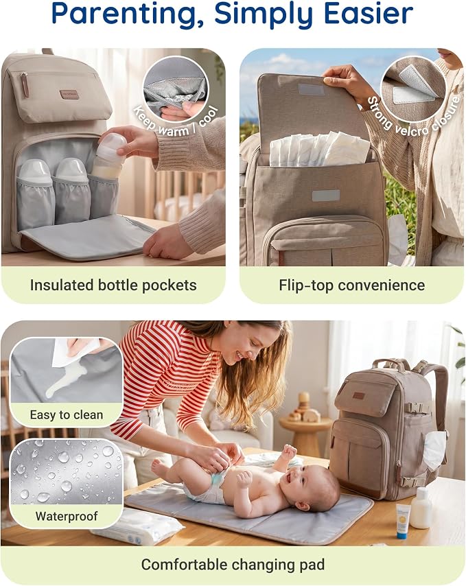mommore Diaper Bag Backpack Multi-Pocket Travel Baby Bag with Changing Pad | Suitcase-style, Insulated Pockets, Easy-access, Stroller-friendly, for Mom Dad, Travel Essentials, Newborn Baby Shower Gifts - Image 4
