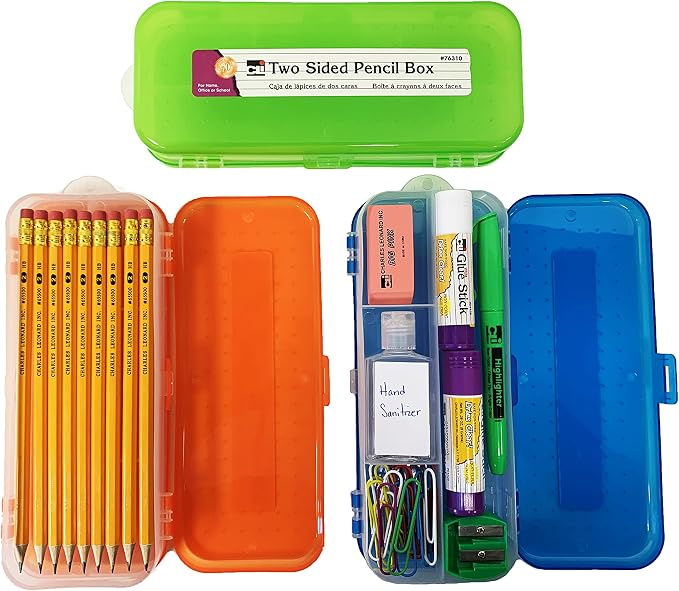 Charles Leonard Double Sided Pencil Box Pencil Case, 5 Compartment Organizer, Plastic, Assorted Colors, 8.5" W x 3.5" x 1.5" H, Bulk Pack of 24 (76310-ST) - Image 3