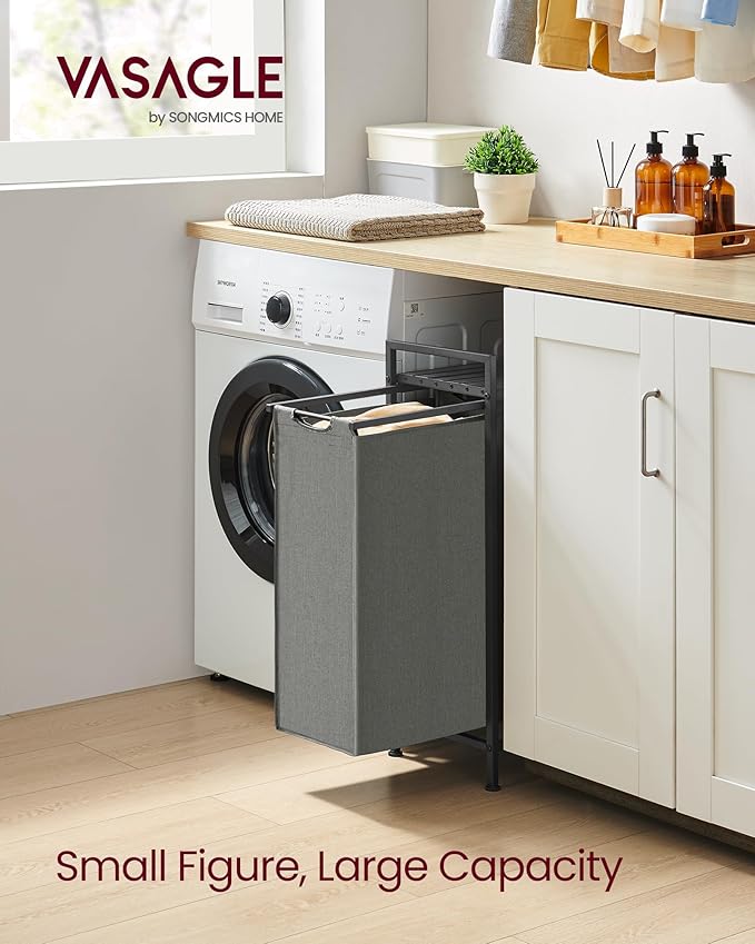 VASAGLE Laundry Hamper, Laundry Basket, Laundry Sorter with a Pull-Out and Removable Bag, Shelf, Metal Frame, 12.4 Gallons (47 L), 16.5 x 11 x 29.5 Inches, Slate Gray and Charcoal Gray UBLH001G01 - Image 2