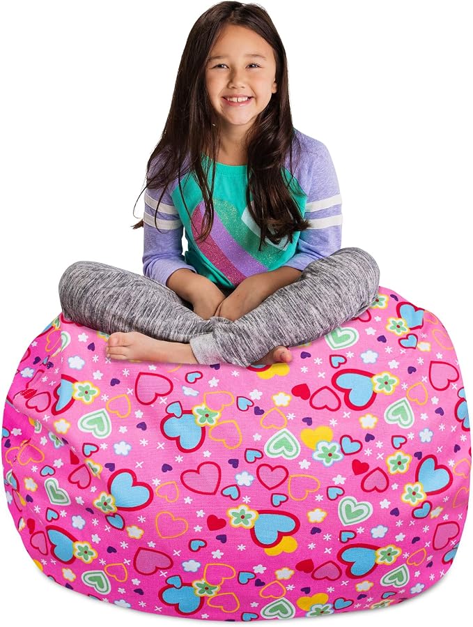 Posh Stuffable Kids Stuffed Animal Storage Bean Bag Chair Cover - Childrens Toy Organizer, Large-38 - Canvas Multi-Colored Hearts on Pink by PoshCreations