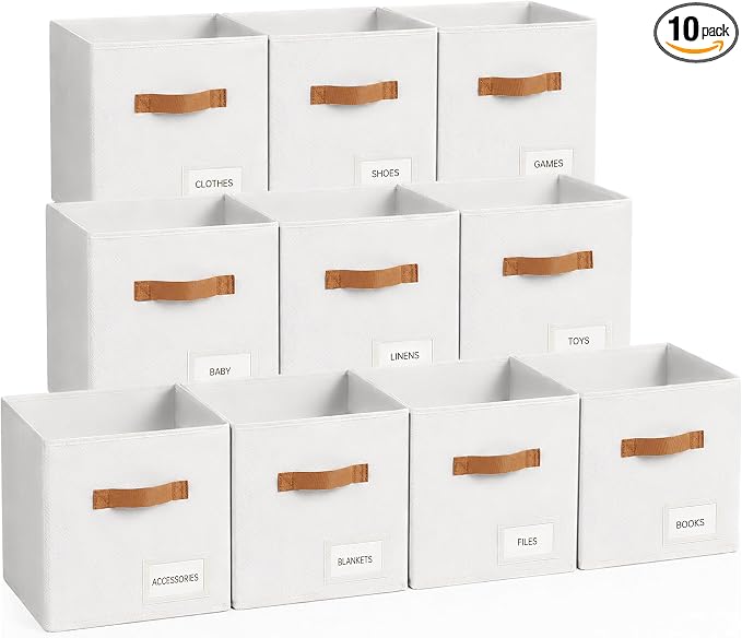 Storage Cubes 10 Pack, 11 Inch Fabric Storage Cubes Organizer Bins with Labels, Odor-Free & Sturdy PP Structure, Cubby Baskets for Closet, Shelves, Toys & Nursery (White) by Unknown