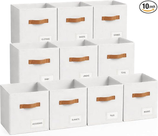Storage Cubes 10 Pack, 11 Inch Fabric Storage Cubes Organizer Bins with Labels, Odor-Free & Sturdy PP Structure, Cubby Baskets for Closet, Shelves, Toys & Nursery (White) by Unknown