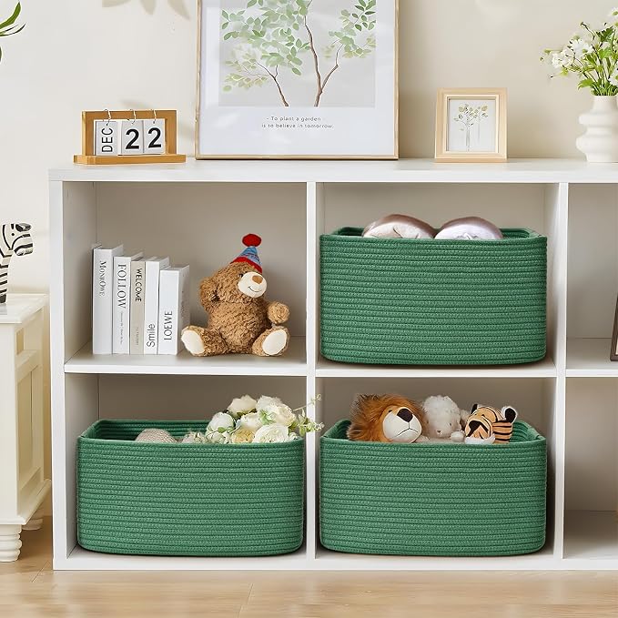 2 Pack Large Storage Basket for Organizing, 17.5"x13"x7" Woven Basket for Shelves, Closet Cube Storage Bins with Wrapped Handle, Cotton Rope Baskets for Kitchen, Clothes, Toys(Green) - Image 4