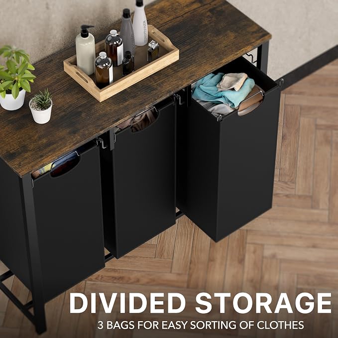 Simple Houseware 3-Section Laundry Sorter w/Tabletop Shelf, Rustic Brown | 3 Pull-Out,10-Gallon Hampers, Metal Frame Laundry Organizer for Bedroom, Bathroom, - Image 8