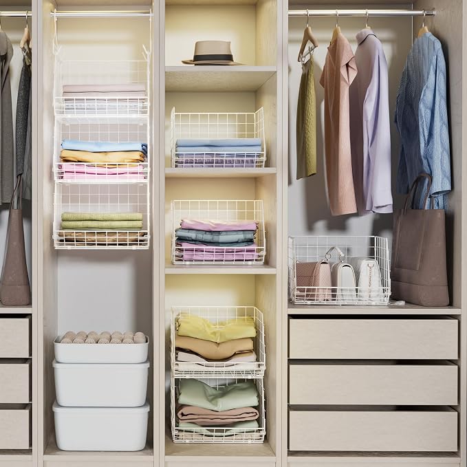 X-cosrack 3 Tier Foldable Closet Organizer, Clothes Shelves with 5 S Hooks, Wall Mount&Cabinet Wire Storage Basket Bins, for Clothing Sweaters Shoes Handbags Clutches Accessories-White Patent Design - Image 9