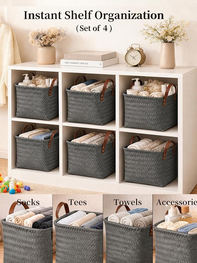Wicker Storage Baskets, 4 Pack Woven Baskets for Shelves, Grey | PP Rattan, Water-resistant Wicker Basket, Large Baskets with Faux Leather Handles for Blanket, Laundry Organizer, Room Decor - Image 3