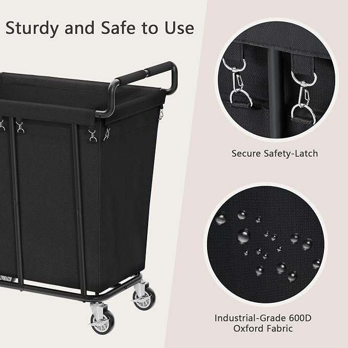 Gewudraw Medium Laundry Hamper with Wheels, 250L, Black | Rolling Laundry Basket, Heavy Duty Rolling Laundry Cart with Handle, Steel Frame, Waterproof Liner, 66 Gallons - Image 5