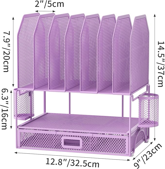 FANXIYQ Metal Desk Organizer with Sliding Drawer, 7-Section File Organizer for Desk, Desktop File Folder & Paper Organizer with 2 Hanging Pen Holders, Office Supplies Organizer, Purple - Image 5