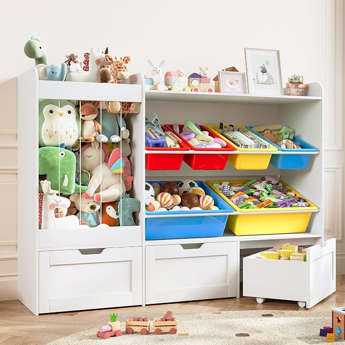 50.6" W x 41.3" H Wooden Toy Storage Organizer Cabinet | 140L Stuffed Animal Storage, 6 Plastic Bins & 3 Rolling Drawers, Color Storage Bins for Playroom Nursery Home Decor, White by VortinT