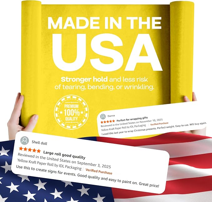 24" x 1200" (100 feet) Yellow Kraft Paper Roll - USA-Made Quality Craft Paper for Gift Wrapping, Kids' Arts & Crafts, School Projects - 100% Recycled Natural Material 50lb Thickness by IDL Packaging - Image 3