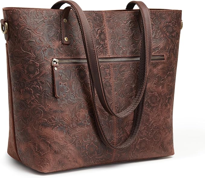 S-ZONE Leather Tote Bag for Women Large Work Totes Designer Handbags | Vintage Grain Crazy Horse Leather, Adjustable Strap, Fits 14" Laptop, Multi Pockets, Rose Embossed Tote, Travel Daily by S-ZONE