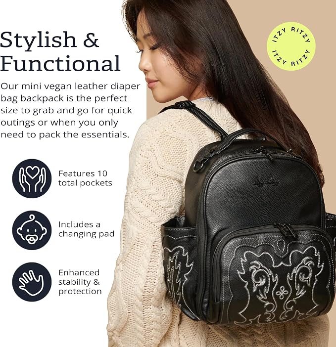 Itzy Ritzy Mini Diaper Bag Backpack - 10 Pockets w/Changing Pad (Outlaw) | Chic Mini Plus Diaper Bag with 2 Insulated Bottle Pockets, Key Lanyard, Wipeable Changing Pad, Grab-Top Handle & Rubber Feet - Image 3