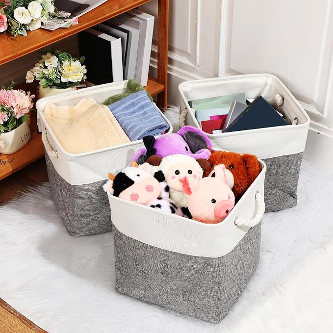 meekoo 8 Pack Collapsible Storage Bins Fabric Storage Bins Polyester Fabric Baskets with Handles Linen Closet Organizer for Shelf Home Closet Towels Toys(12 x 12 x 12 in,Gray White) - Image 5