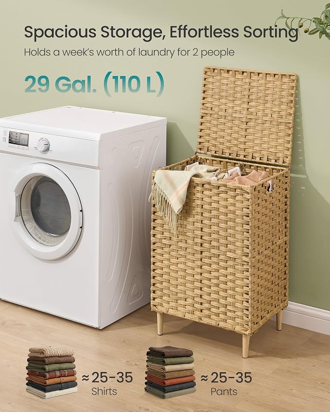 SONGMICS 2-Section Laundry Hamper with Lid, 29 Gal (110L) PE Rattan Laundry Basket with Removable Washable Liners, for Bedroom & Living Room, Goose Yellow ULCB222YE01 - Image 3