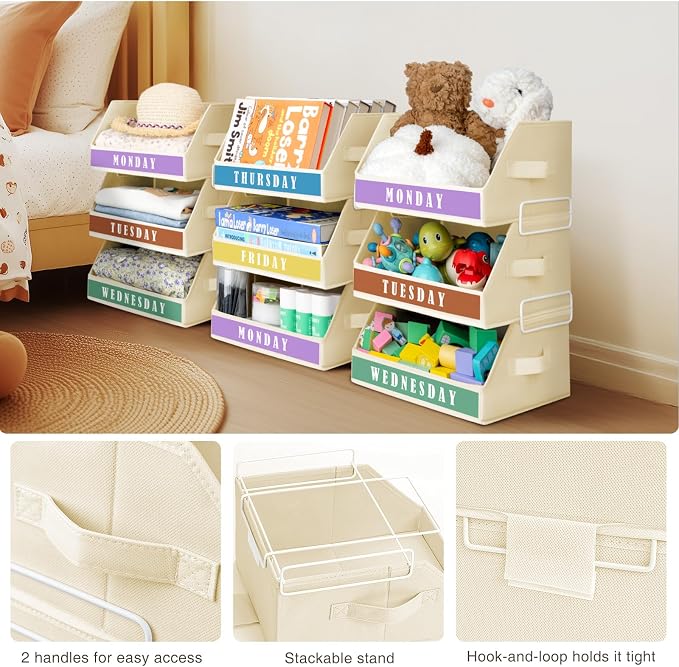 Closet Organizers and Storage - 5 Tier Shelf Organizer with Weekly Labels, Stackable Storage Bins with Metal Frame, Foldable Cube Bins, Home Baskets for Kids and Adults, Beige - Image 5