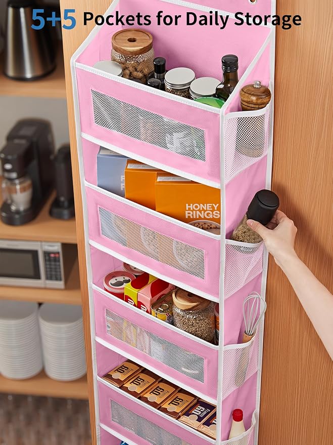 JARLINK Over the Door Organizer for Pantry, Bathroom, 5 Shelf Pink, 2 Pack | Anti-Tilt Design, 44 lb Load Capacity, Hanging Door Organizer with 5 Large Capacity Pockets, Behind Door Storage for Nursery - Image 5