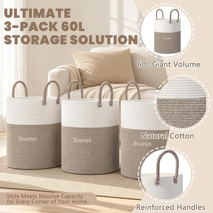 3Pack Large Woven Laundry Basket, 60L Nursery Laundry Basket, Rope Laundry Hamper, Collapsible Laundry Baskets for Blanket Basket Living Room, Bedroom, Bathroom (Khaki) - Image 3