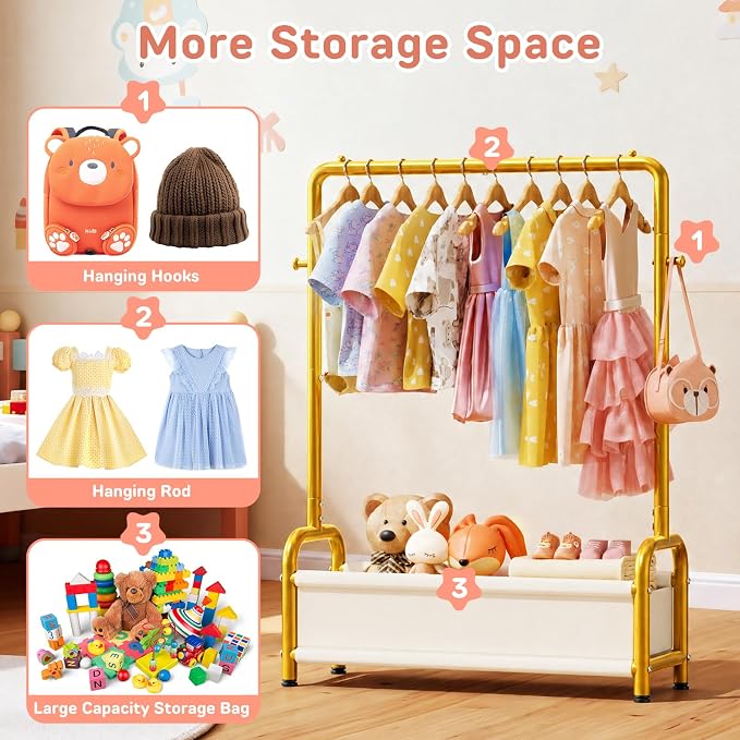 Kids Clothing Rack with Storage Shelf, Kids Dress Up Storage | for Coats, Small Baby Garment Rack for Hanging Clothes, Toddler Wardrobe Closet Organizer (Gold, Classic) - Image 4