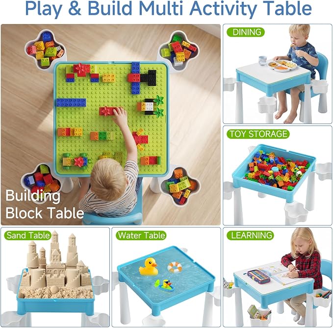 burgkidz Toddler Building Table Set: 1 Chair 128 Blocks Storage Box Blue | Leakproof top for sand/water. Sturdy ABS, smooth edges. 1 chair & 128 bricks. Ideal 3+ yrs indoor/outdoor. Great gift - Image 2