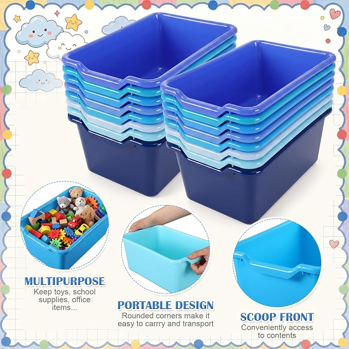 16 Pcs Cubby Bins for Classroom Plastic Book Bins,Blue Series | Storage Bins for Classroom Library, Plastic Stackable Toy Tubs Containers for School Office Home Nursery Playroom - Image 3