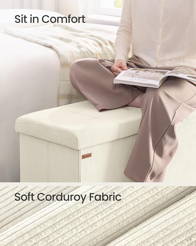 SONGMICS MAZIE Collection - Storage Ottoman Bench, Foldable Foot Rest, 15 x 43 x 15 Inches, End of Bed Bench, Storage Chest, Load 660 lb, Living Room, Bedroom, Entryway, Cream White ULSF604W01 - Image 4