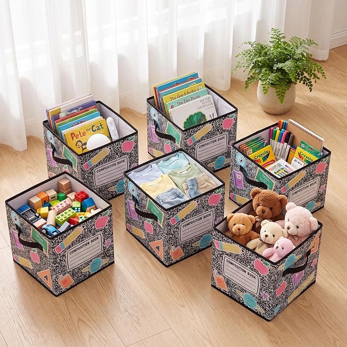 CroBlissful 6 Pcs 11" Composition Notebook Fabric Classroom Storage Cube Bins Foldable Pastel Book Cubby Bins Storage Baskets with Handles for Back to School Decoration Office Home Nursery Organizer - Image 4